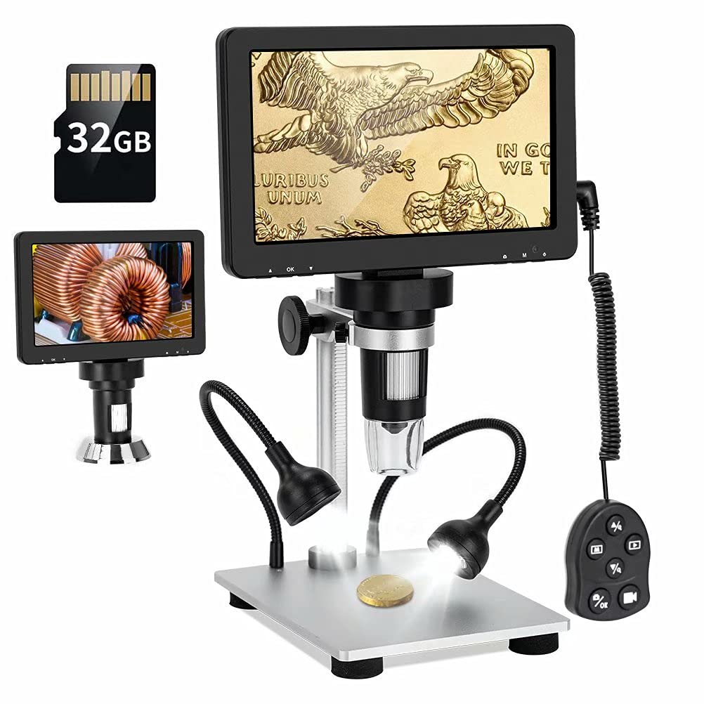 7'' Lcd Digital Microscope 1200X 12Mp Coin Microscope For Adults Video Camera With 10 Led Fill Lights Pcb Soldering Kids, Metal